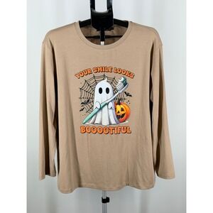 Trendy Queen Halloween Ghost Dental Graphic Tee Tan Long Sleeve Large